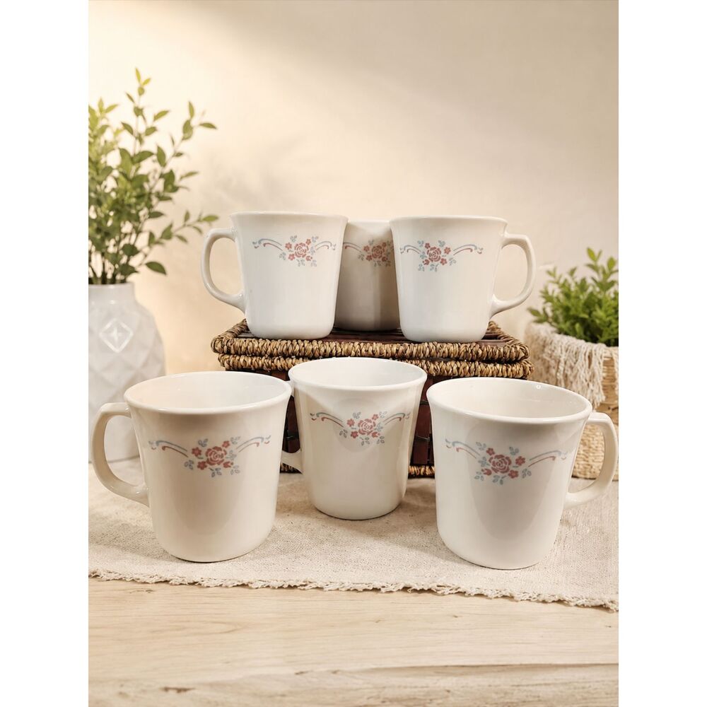 Vtg CORNING CORELLE 1980's English Breakfast Coffee Mugs Cups 6 White Floral